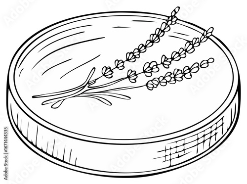 Hand drawn illustration of lavender sprigs resting in a round dish or petri dish with wavy lines