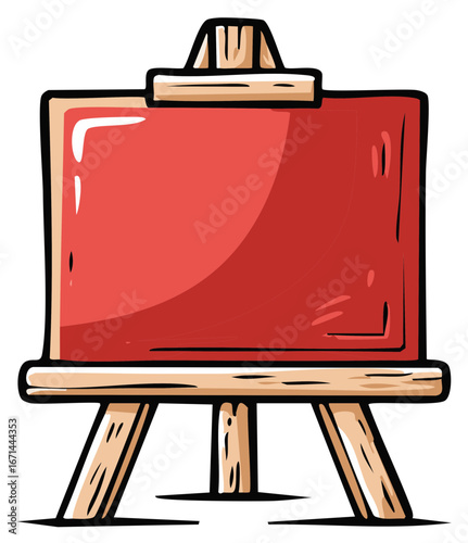 Cartoon easel with a blank red board for art or presentation.