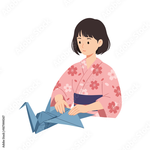 A beautiful Japanese lady in a traditional red kimono and a smile holds a fan, showcasing the culture and beauty of Japan folding blue origami paper crane.