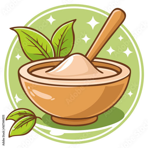 Natural beauty spa ingredients in a bowl with a wooden spoon and fresh leaves