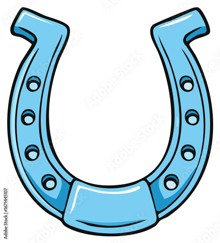 Shiny blue horseshoe illustration with thick outlines, a classic good luck charm and western icon