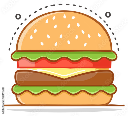 Colorful cartoon cheeseburger illustration with a beef patty, lettuce, tomato, and a sesame seed bun