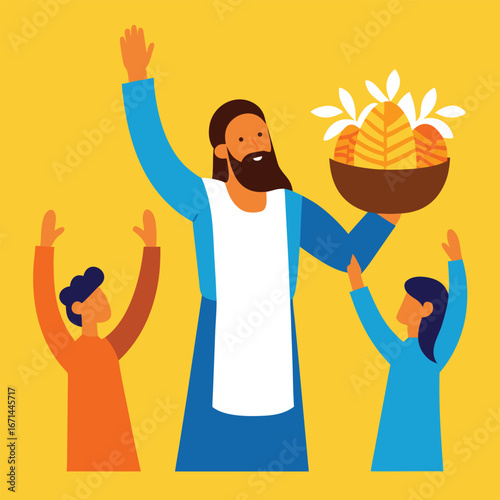 Jesus blessing harvest workers with thanksgiving biblical Christian religious scene artwork
