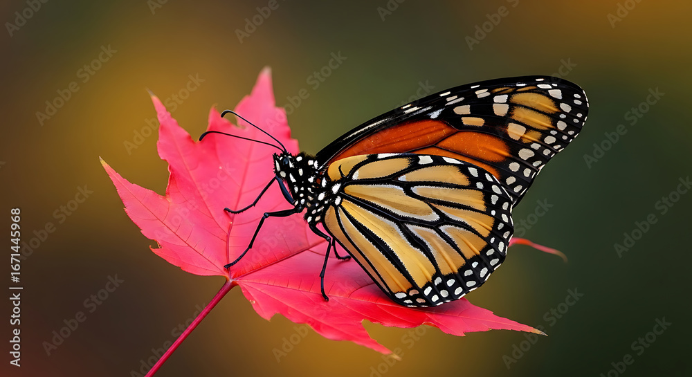 Fototapeta premium Monarch Butterfly Resting on Vibrant Red Maple Leaf, Autumnal Close-up.