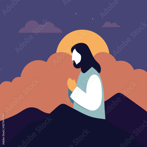 Jesus praying before sunrise on a mountain spiritual devotion Christian religious artwork
