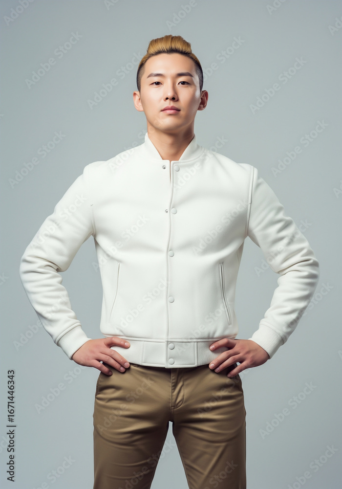 Fototapeta premium Confident Young Asian Man in a Blank Varsity Jacket Mockup