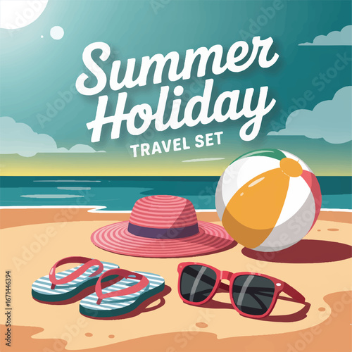 A summer holiday travel set with beach accessories on the sand