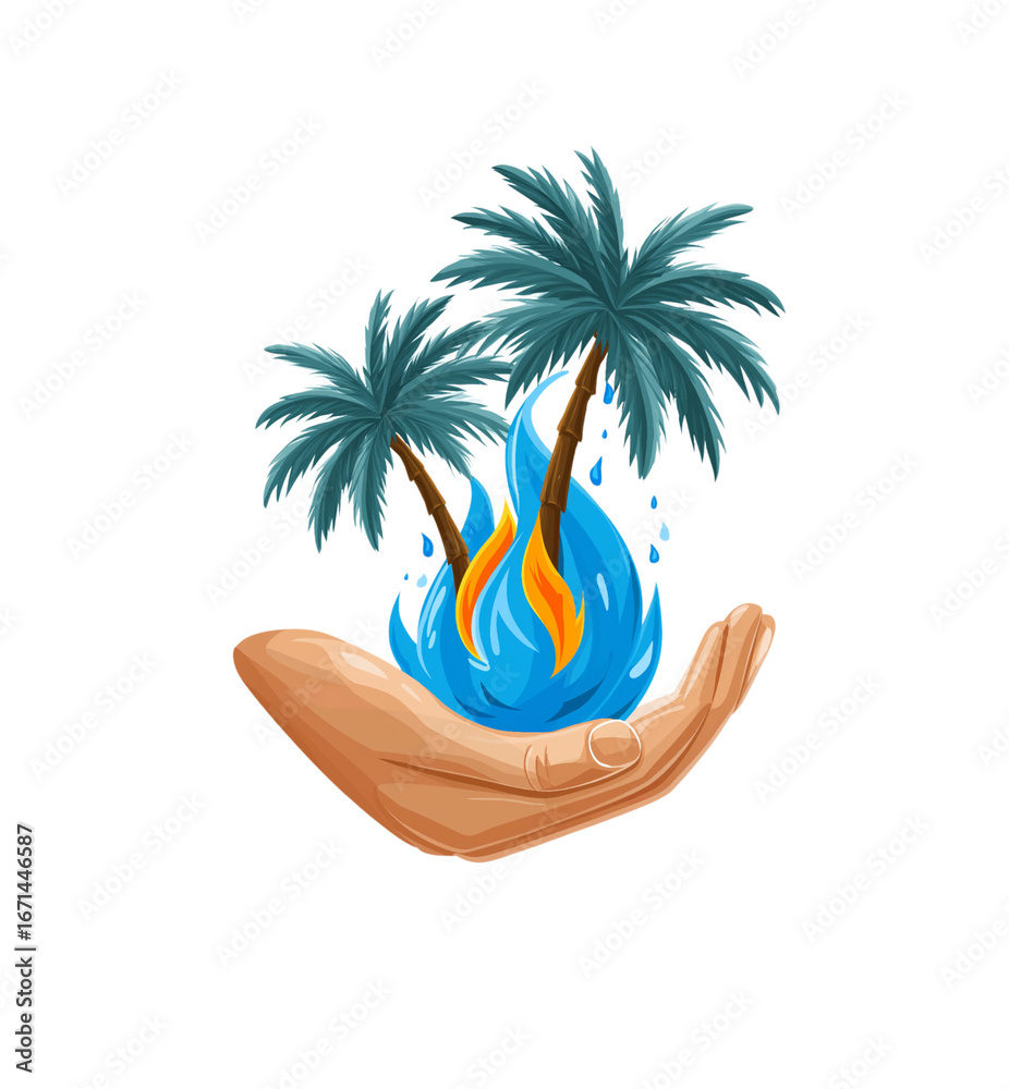 Fototapeta premium Hand Holding Blue Flames and Palm Trees fire isolated on a transparent background