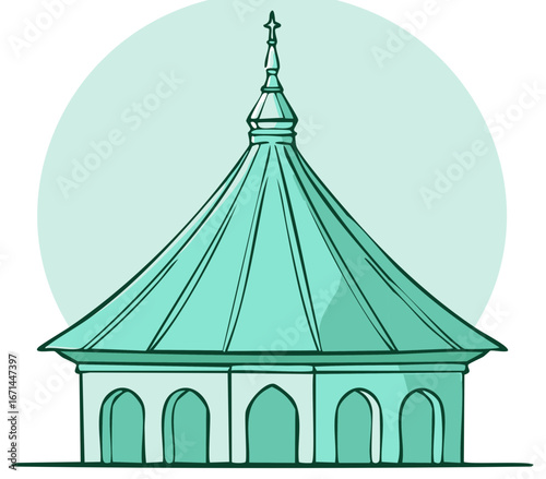 Stylized illustration of a traditional oriental pavilion with a pointed roof and arches