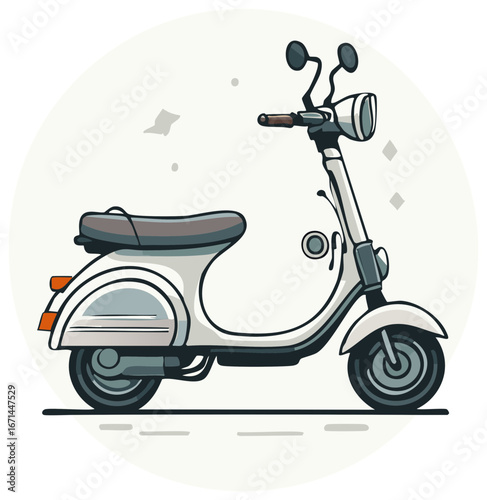 Illustration of a white retro scooter. Travel concept for poster or postcard. Transport Icon.