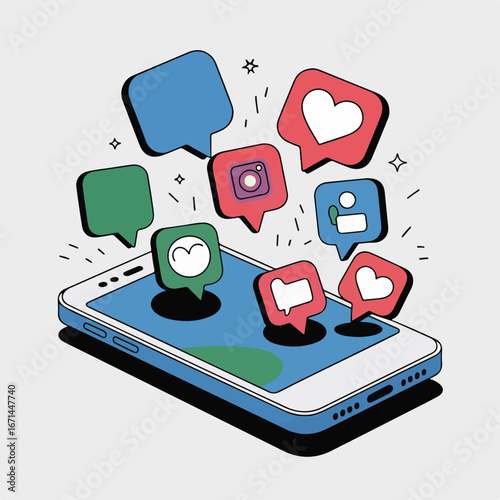 A smartphone with social media icons floating above it, representing connection