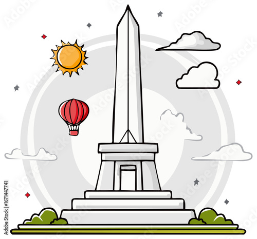 Cartoon Obelisk Monument Illustration with Hot Air Balloon, Clouds, Sun, and Stars in a Cityscape for Travel Destination Prints