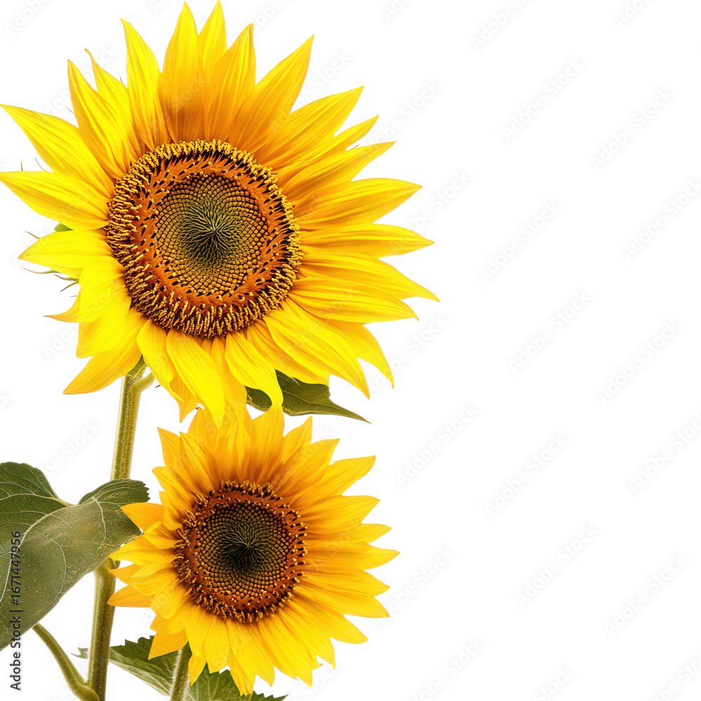 Obraz premium Two vibrant yellow sunflowers on a stem isolated on transparent background