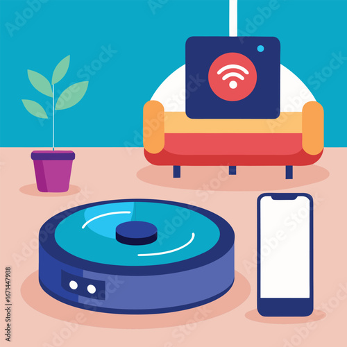 A smart robot vacuum cleaner cleaning floor automated appliance technology vector illustration