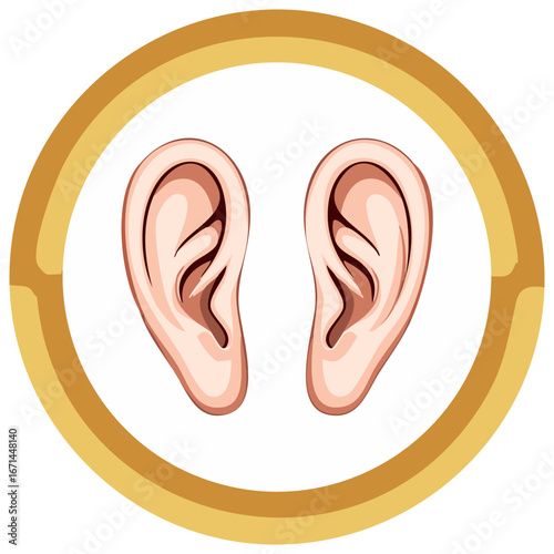 Cartoon human ears vector icon in a golden circle for hearing and audiology concepts.