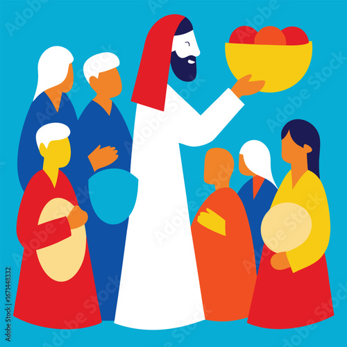 Jesus multiplying loaves and fishes miraculous biblical Christian feeding artwork