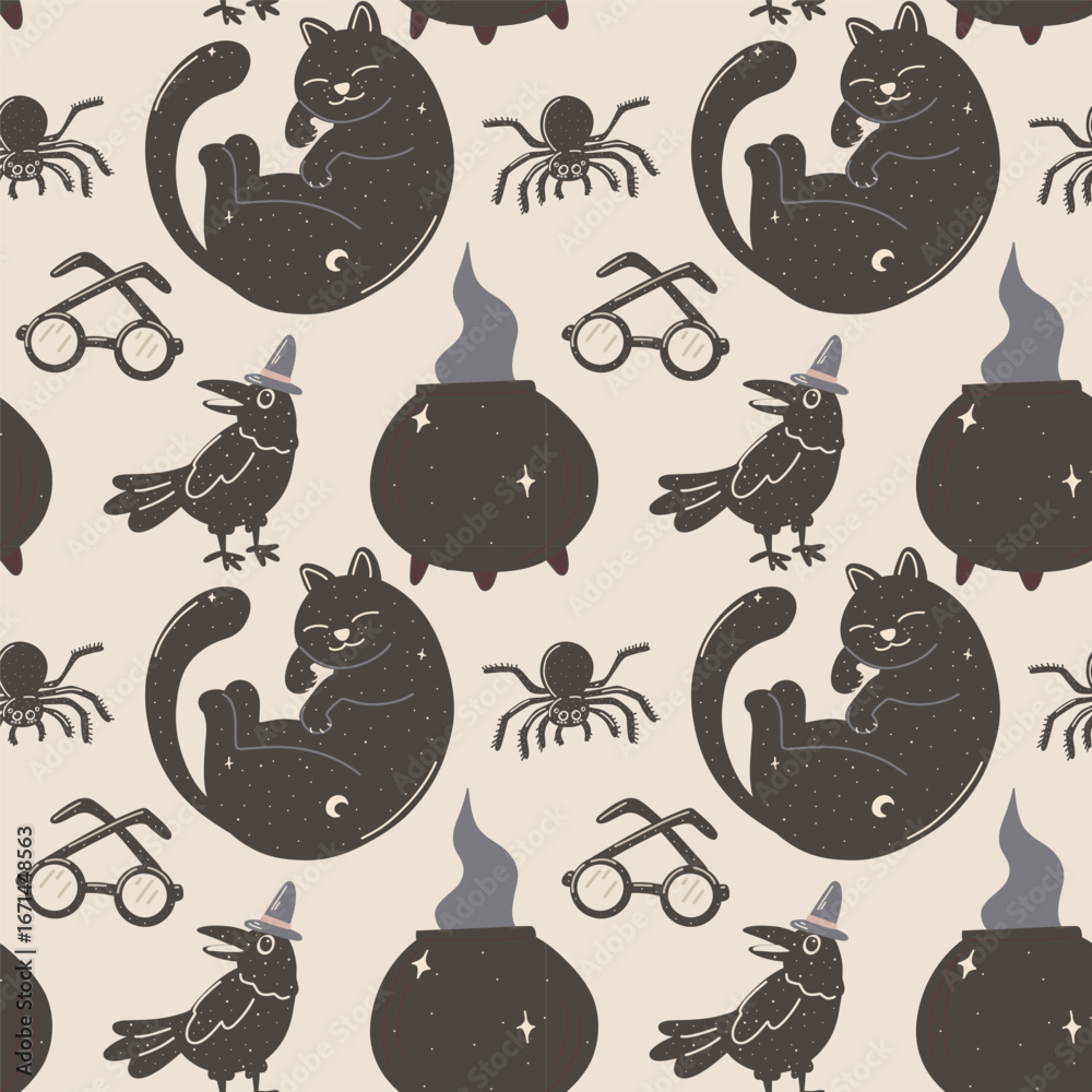 Obraz premium Seamless pattern with black cats, crows, witch cauldrons, spiders and magic glasses, cartoon vector illustration for Halloween, witchcraft themes, textile design, wrapping paper, spooky decor.
