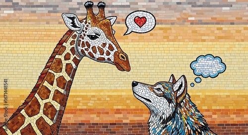 Giraffe and Wolf Love Illustration with Thought Bubbles.