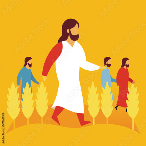 Jesus walking with disciples through fields biblical Christian teaching illustration