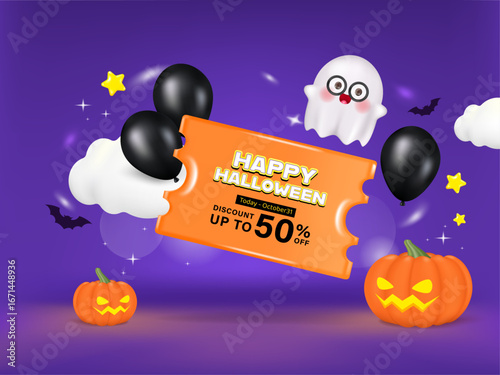 3D Happy Halloween gift voucher coupon banner. Spooky decoration party, scary greeting card, promotion sale website, social media post. Trick or treat.