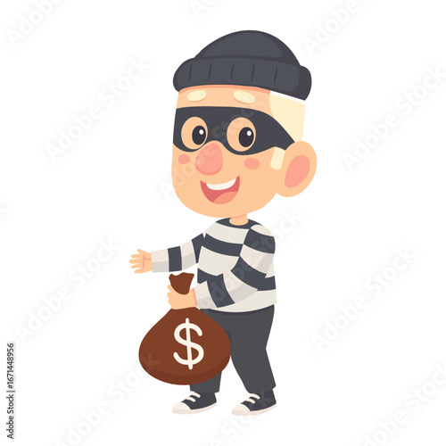 Cartoon Thief with Money Bag Illustration