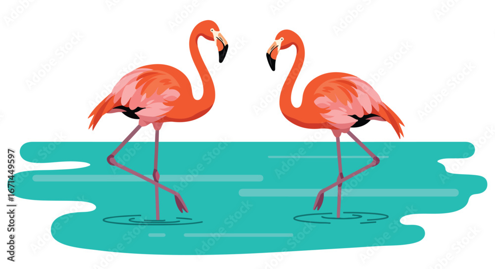 Fototapeta premium Two flamingos stand wading in a turquoise body of water