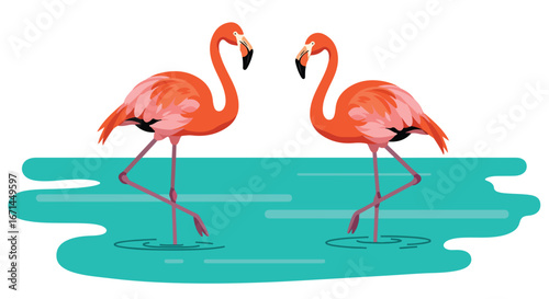 Two flamingos stand wading in a turquoise body of water