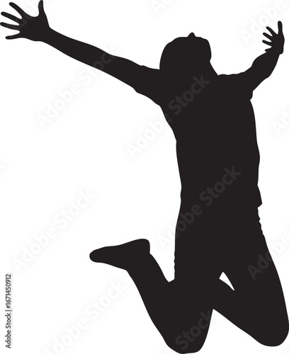 Silhouette of a person jumping with arms raised in celebration of achievement and victory with head tilted back in sheer joy