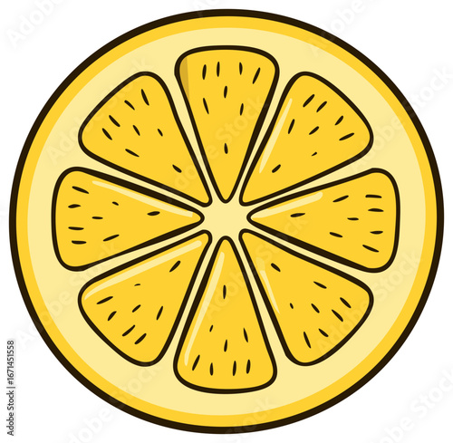 Cartoon-Style Yellow Lemon Slice with Seeds, Illustration, Food Vector, Citrus Fruit Dessert