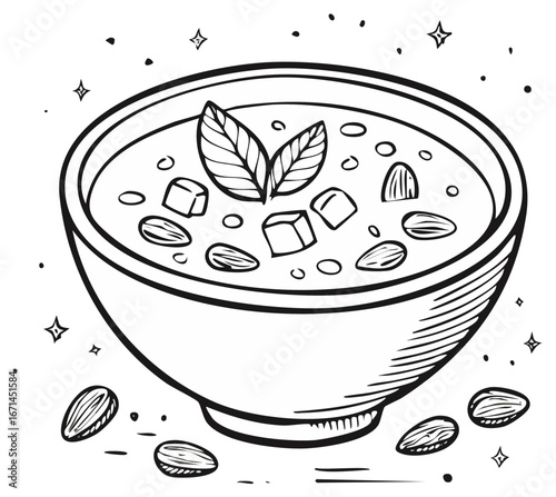 Hand drawn line art illustration of a hearty soup with almonds and fresh herb garnish