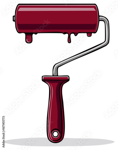 Dark Red Paint Roller Dripping with Red Paint and Metal Handle