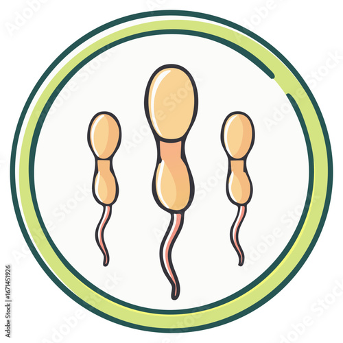 Sperm cells illustration with a green circular border representing reproduction and fertility