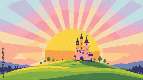 Castle on golden sunrise hill