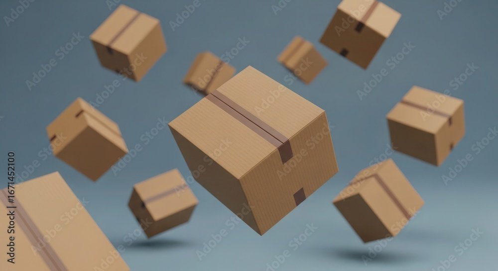 Fototapeta premium Several brown cardboard boxes floating against a gradient blue-grey background.