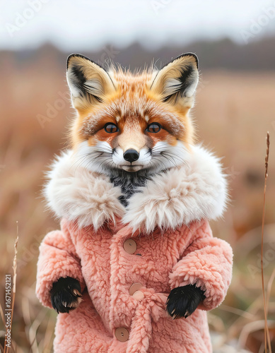 Fox wearing coat outdoor scene