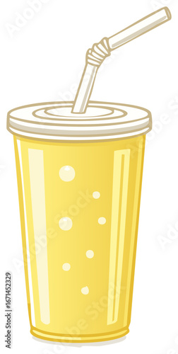 Cartoon illustration of a refreshing yellow soda or lemonade in a to go cup with a straw