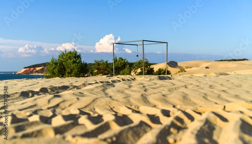 Fototapeta Naklejka Na Ścianę i Meble -  Metal structure on sandy beach dune under blue sky
