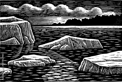 Sunrise above frozen arctic ocean, icy reflections sparkling beneath sky, unique landscape beauty, black and white sketch.