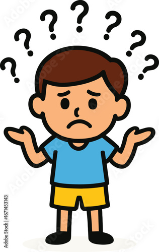 Confused cartoon boy character illustration, shrugging shoulders with question marks, puzzled expression, doubt concept, problem solving, decision making, vector design.