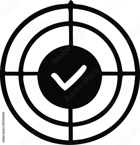 Precision aiming target with verified checkmark symbol represents success and accuracy in goals