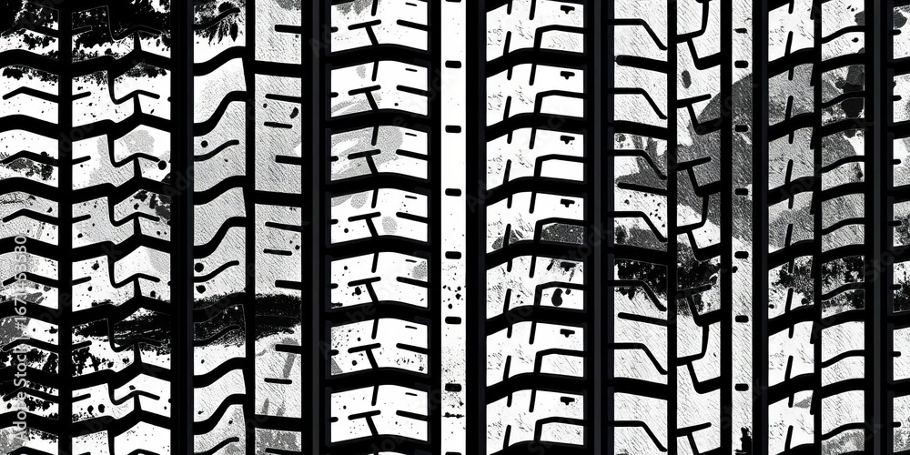 Abstract monochrome tire tread seamless pattern; painterly grunge texture, black & white stripes, geometric repeat, vector background,  tyre,  modern