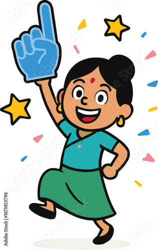 Cheerful cartoon girl with foam finger, happy child illustration, playful celebration concept, excited character drawing, joyful dance movement with stars.