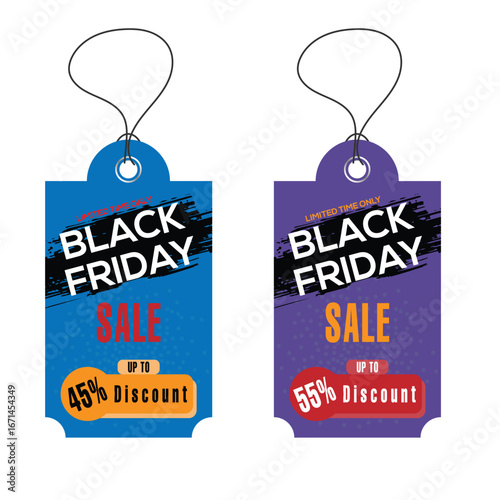 Black Friday sale tags with discount offers for limited time shopping.