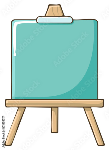 Cartoon blank teal painting canvas on a wooden easel for art and creativity