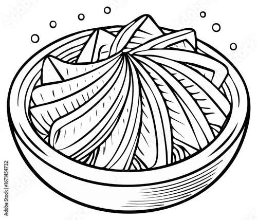 Black and white vector illustration of a bowl full of noodles, simple line art, drawing, illustration, doodle, isolated design element