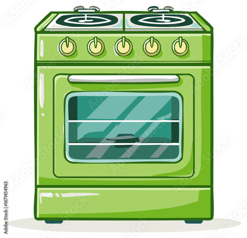 Whimsical cartoon of a vintage green electric stove and oven appliance