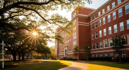 Warm golden hour sunlight illuminates historic brick university building and lush green campus lawn
