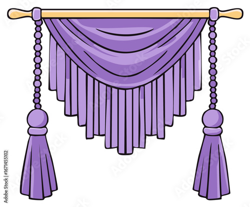 Decorative purple valance with elegant tassels and beads hanging on a curtain rod illustration
