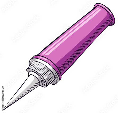 Purple Caulking Gun Tip and Tube Illustration with Stylized Hatching