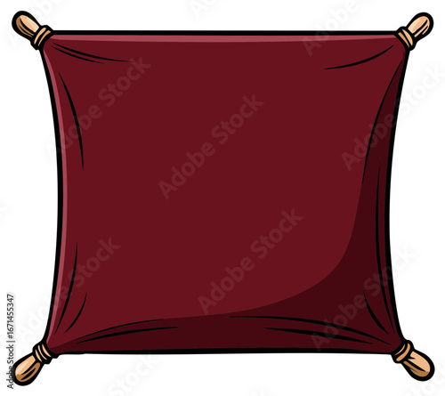 Vibrant red square banner or decorative cloth with golden finials illustration